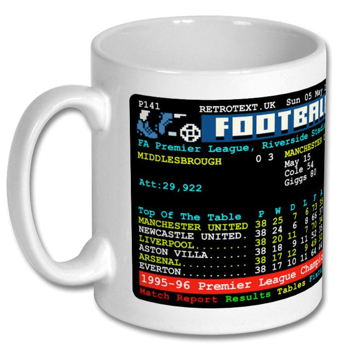Retrotext Manchester United 1996 Premier League Champions Teletext design on a glossy white 11oz ceramic mug