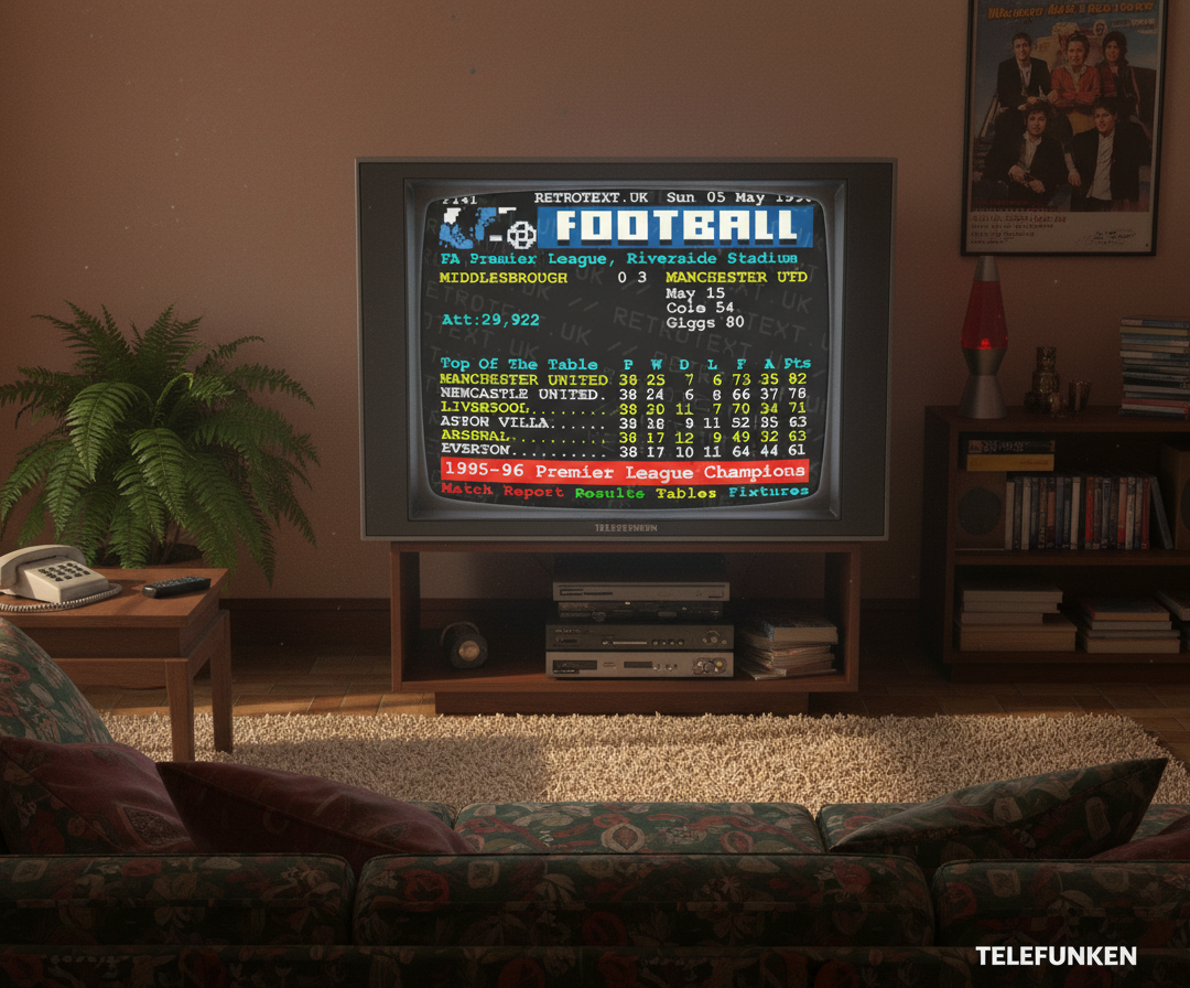 Retrotext Manchester United 1996 Premier League Champions Teletext mug featuring 3-0 win score on a vintage TV screen
