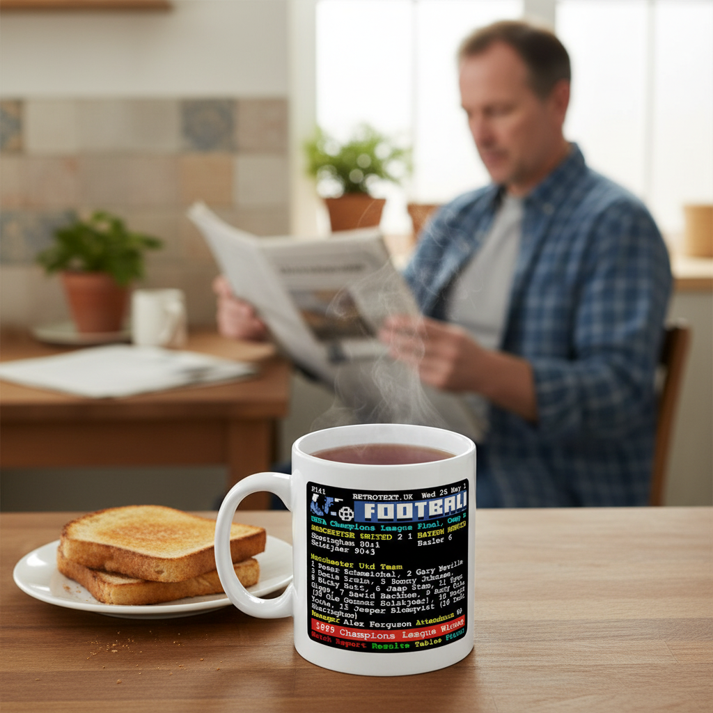 Retrotext Manchester United 1999 Champions League teletext mug with 10oz glossy white finish on a wooden breakfast table