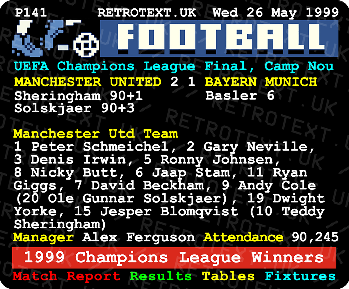 Retrotext Manchester United 1999 Champions League final teletext design on a glossy white 10oz ceramic mug