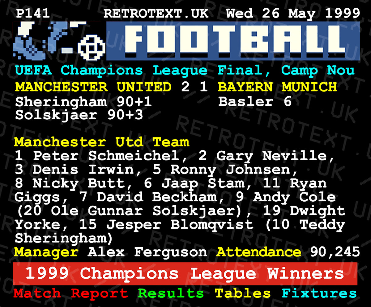 Retrotext 11oz glossy white mug featuring a 1999 Manchester United Champions League final teletext match report.