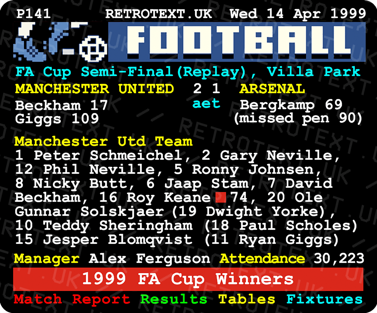 Retrotext 11oz glossy white mug featuring a 1999 Manchester United vs Arsenal FA Cup semi-final Teletext match report