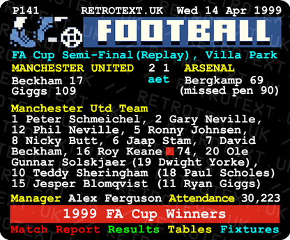 Retrotext 11oz glossy white mug featuring a 1999 Manchester United vs Arsenal FA Cup semi-final Teletext match report