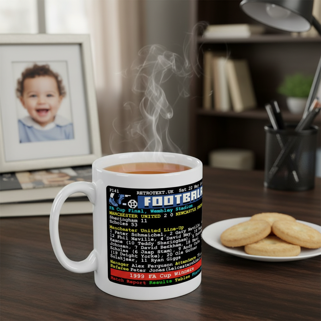 Retrotext Manchester United 1999 FA Cup Winners ceramic mug with nostalgic teletext graphic on a wooden desk