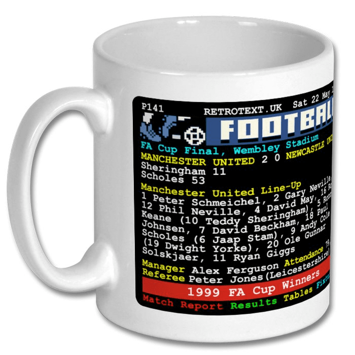 Retrotext Manchester United 1999 FA Cup Winners ceramic mug with nostalgic teletext style match report graphic