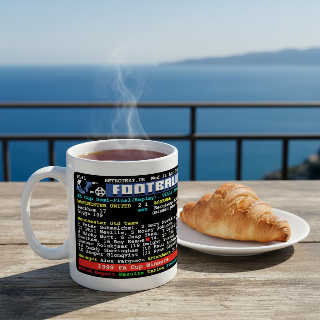 Retrotext 11oz glossy white mug featuring 1999 Manchester United FA Cup semi-final teletext match report design