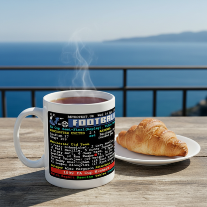 Retrotext 11oz glossy white mug featuring 1999 Manchester United FA Cup semi-final teletext match report design