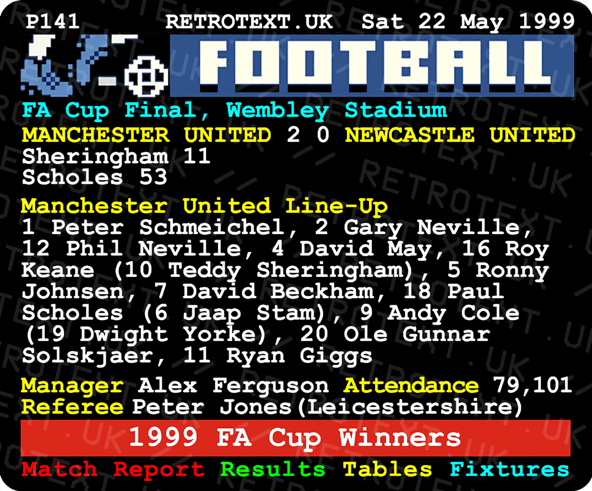 Retrotext Manchester United 1999 FA Cup ceramic mug featuring a nostalgic teletext match report graphic