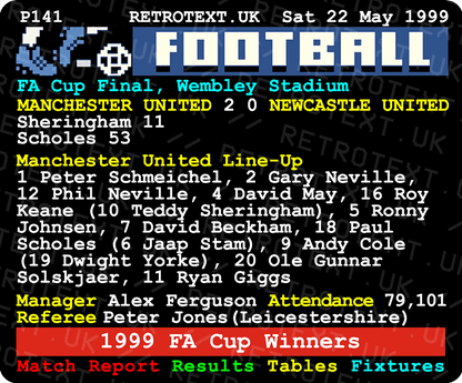 Retrotext Manchester United 1999 FA Cup ceramic mug featuring a nostalgic teletext match report graphic