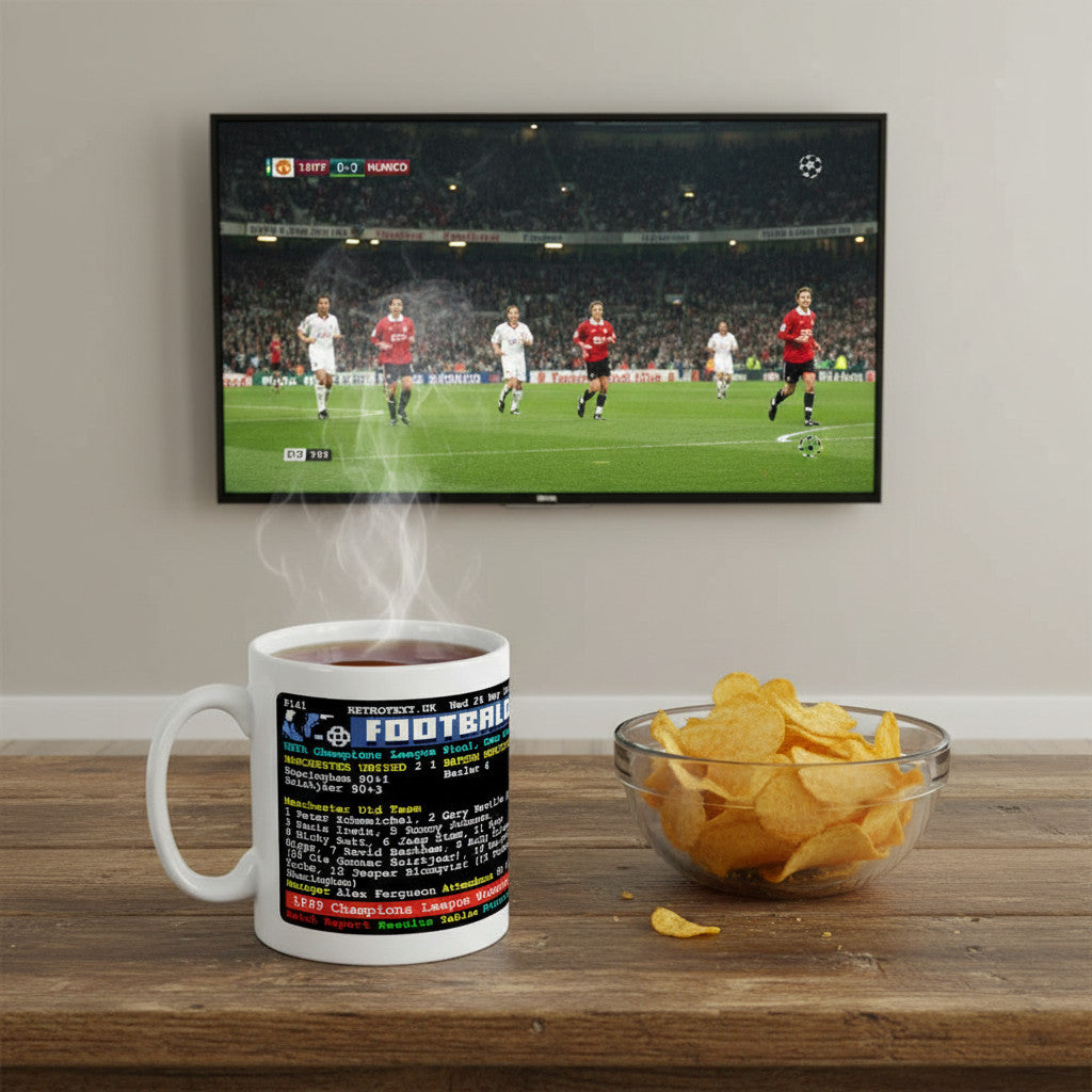 Retrotext Manchester United 1999 Champions League mug featuring teletext style stats on a wooden table with crisps.