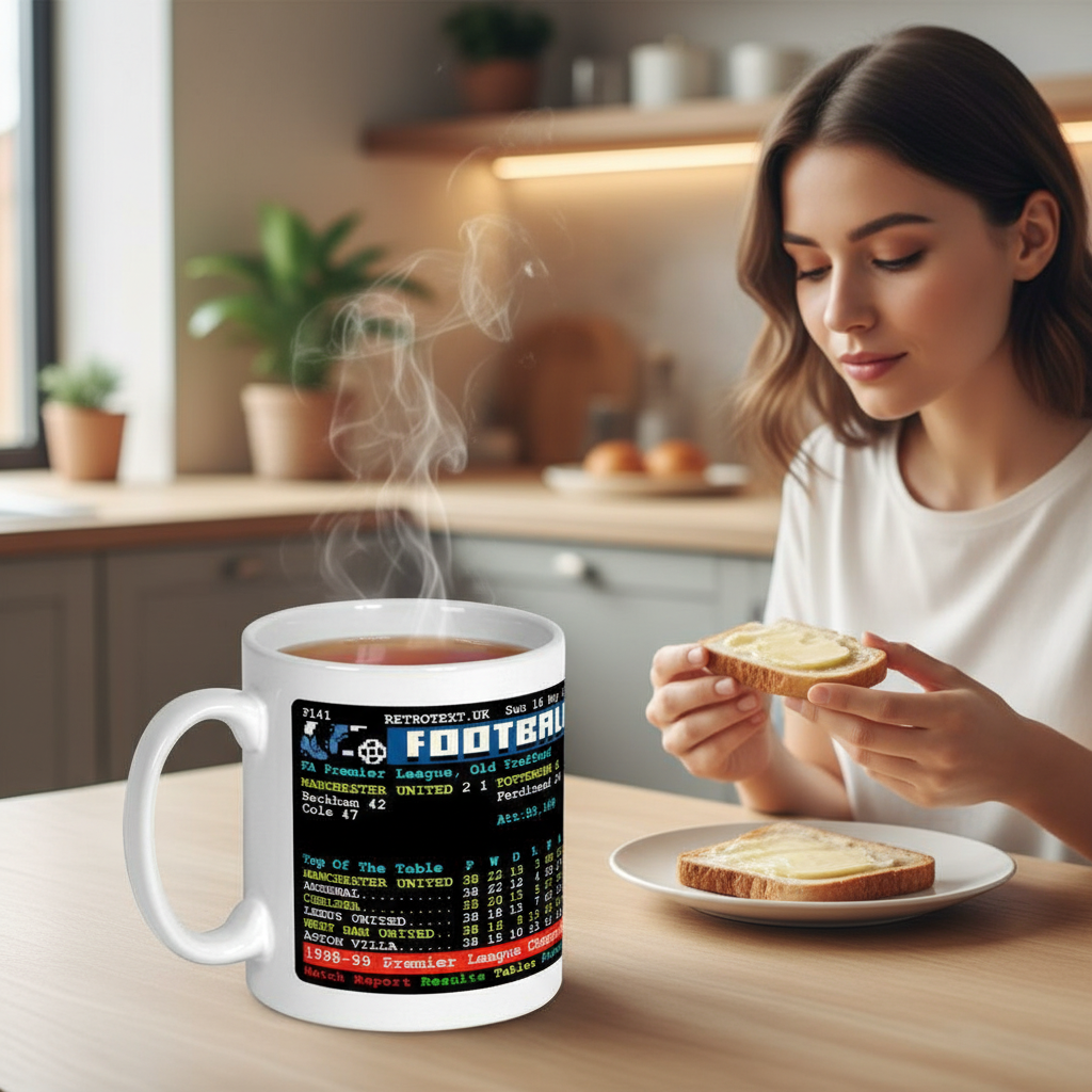 Retrotext Manchester United 1999 Premier League Teletext ceramic mug on a wooden table next to a woman eating toast