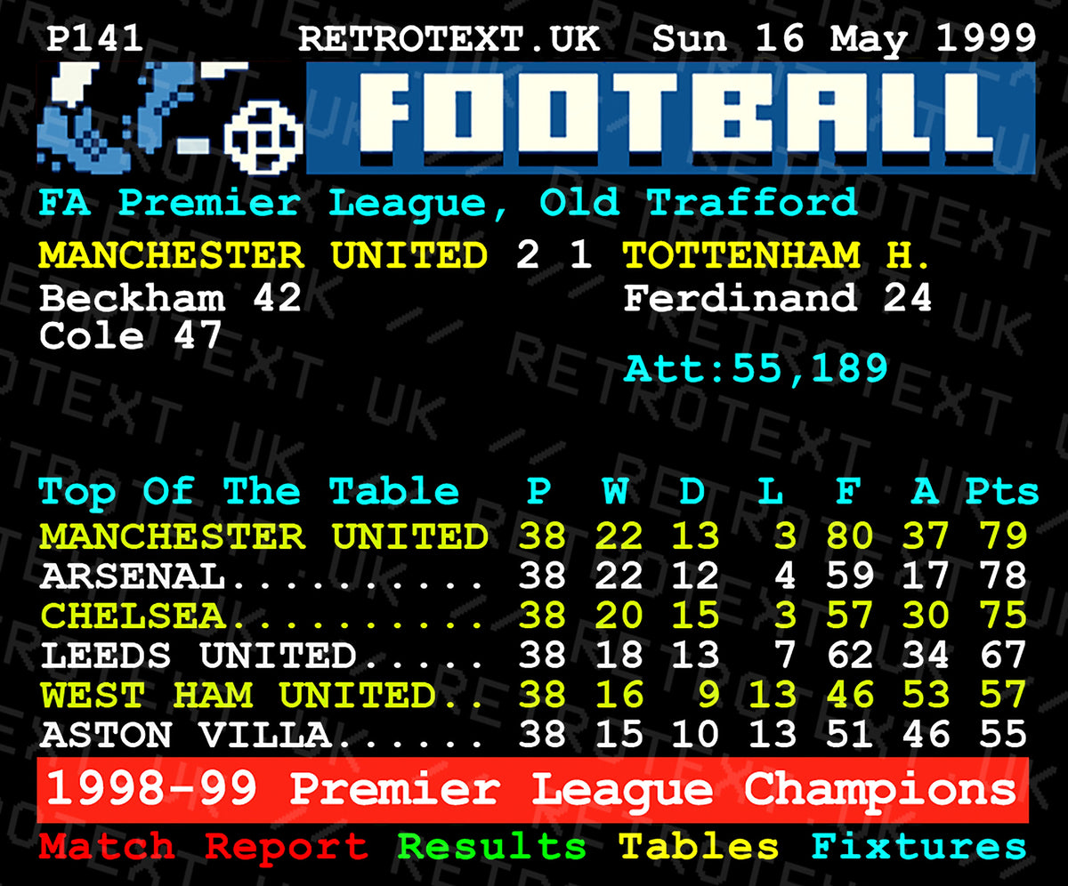 Retrotext Manchester United 1999 Premier League Champions ceramic mug featuring a nostalgic Teletext P141 graphic