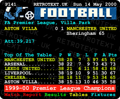 Retrotext Manchester United 2000 Premier League Champions ceramic mug featuring a vintage teletext football table design