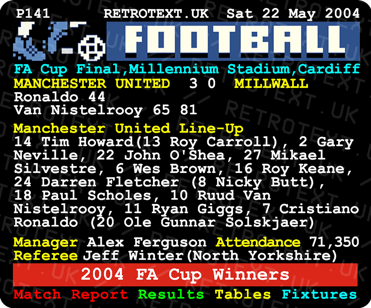 Retrotext Manchester United 2004 FA Cup final ceramic mug featuring a nostalgic teletext match report and line-up
