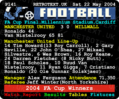 Retrotext Manchester United 2004 FA Cup final ceramic mug featuring a nostalgic teletext match report and line-up