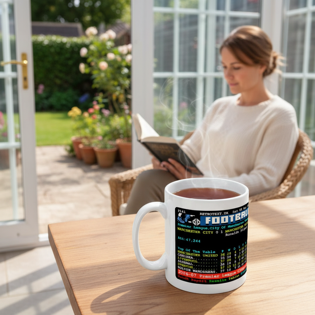 Retrotext Manchester United 2007 Premier League Champions teletext mug on a wooden table with a woman reading in background
