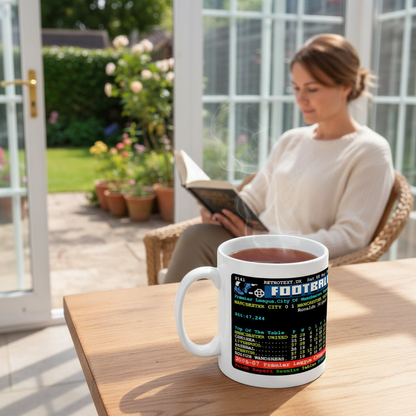 Retrotext Manchester United 2007 Premier League Champions teletext mug on a wooden table with a woman reading in background