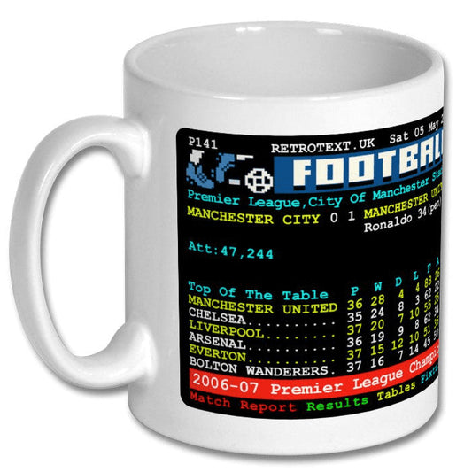 Retrotext 11oz white ceramic mug featuring a 2007 Manchester United Premier League teletext football results graphic.