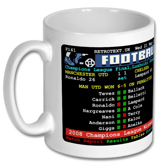 Retrotext Manchester United 2008 Champions League final teletext design on a glossy white 11oz ceramic mug
