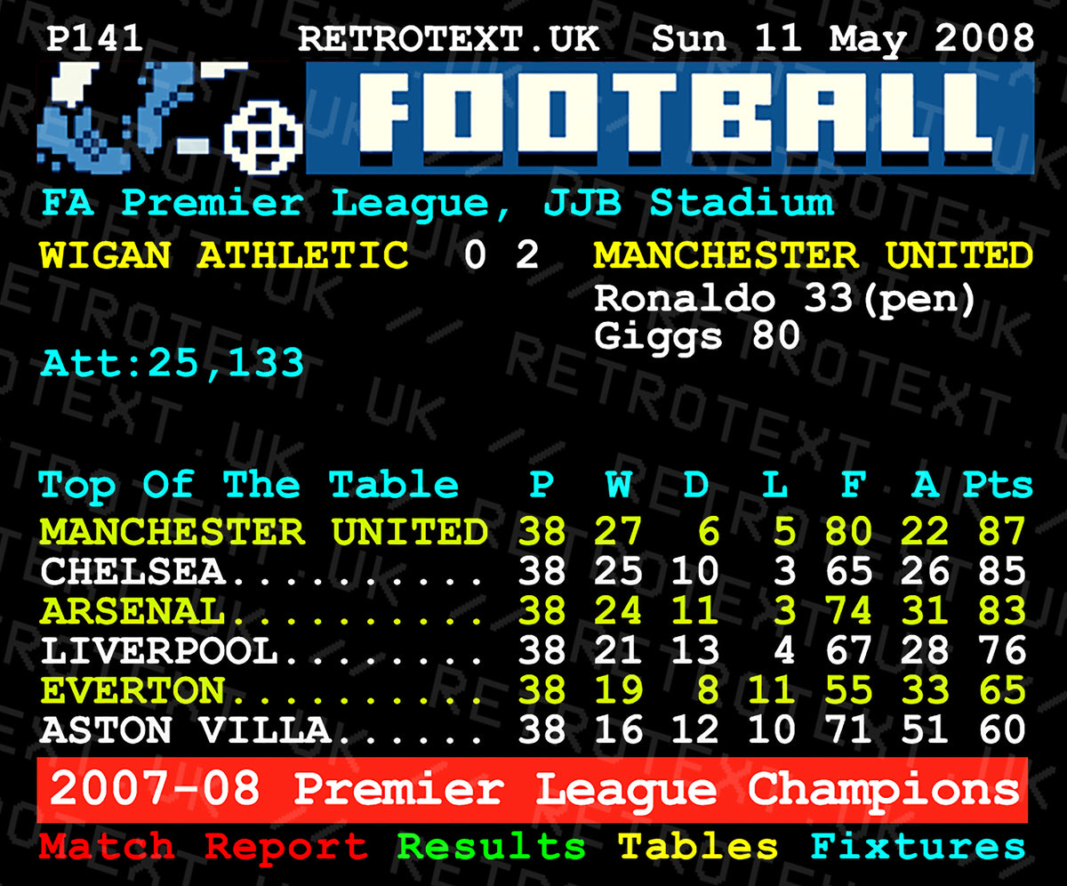 Retrotext Manchester United 2008 Premier League Champions ceramic mug featuring a nostalgic teletext match score graphic
