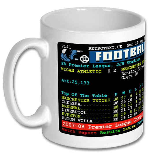 Retrotext Manchester United 2008 Premier League Champions ceramic mug featuring a vintage teletext match score graphic