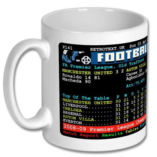 Retrotext Manchester United 2009 Premier League Champions teletext style 11oz glossy white ceramic coffee mug