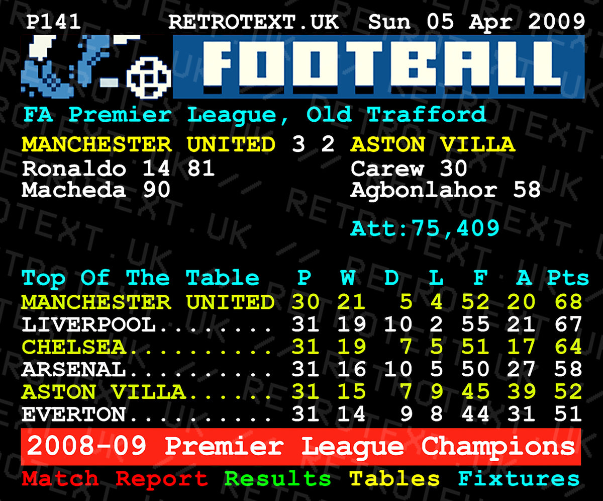 Retrotext Manchester United 2009 Premier League Champions teletext style ceramic mug with match score details