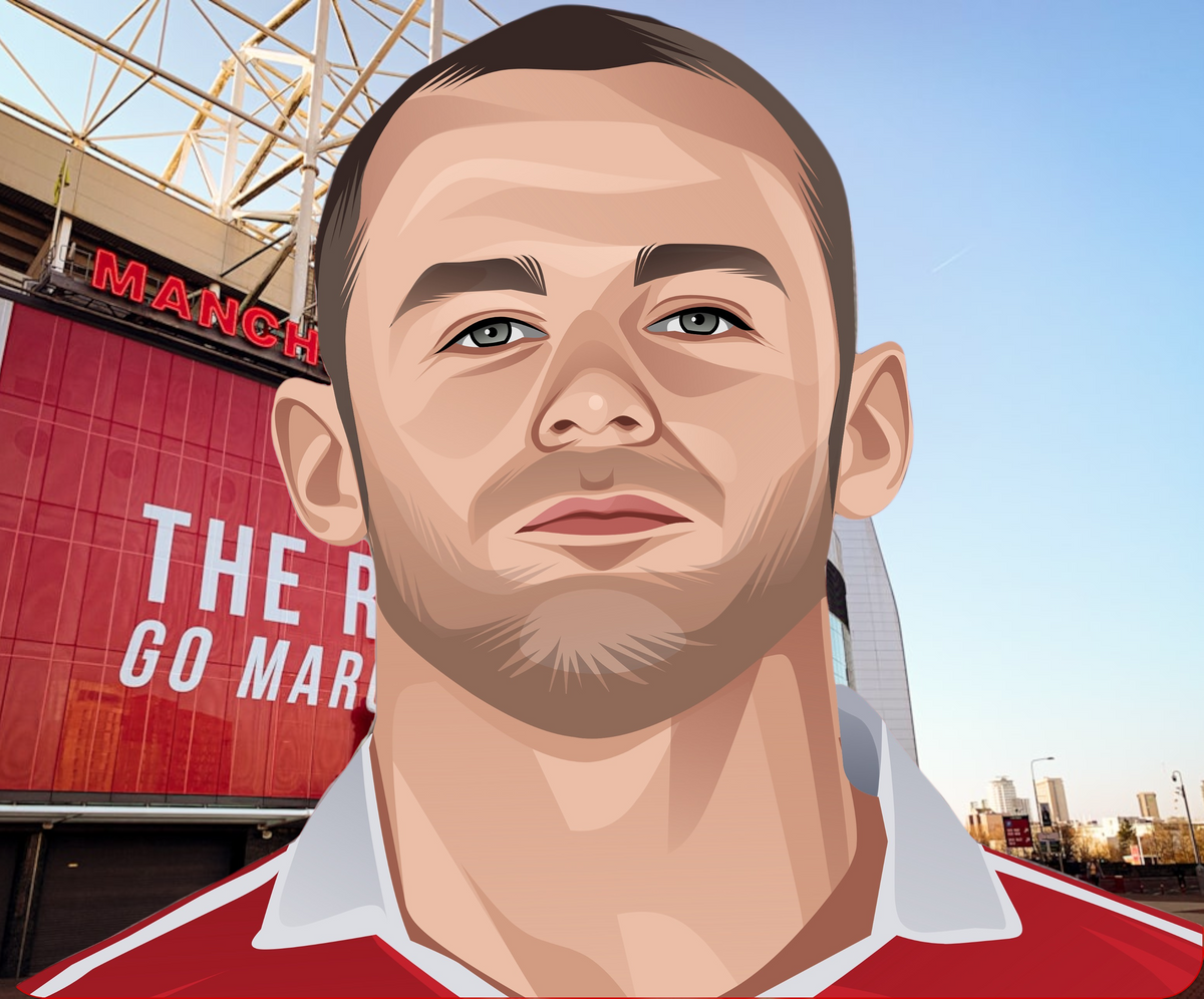 Retrotext Manchester United mug featuring a detailed illustration of Wayne Rooney against an Old Trafford background
