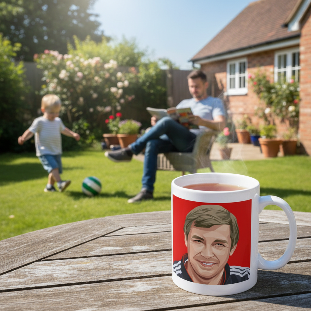 Retrotext Manchester United 2003 Champions mug featuring Sir Alex Ferguson on a wooden table in a sunny garden.