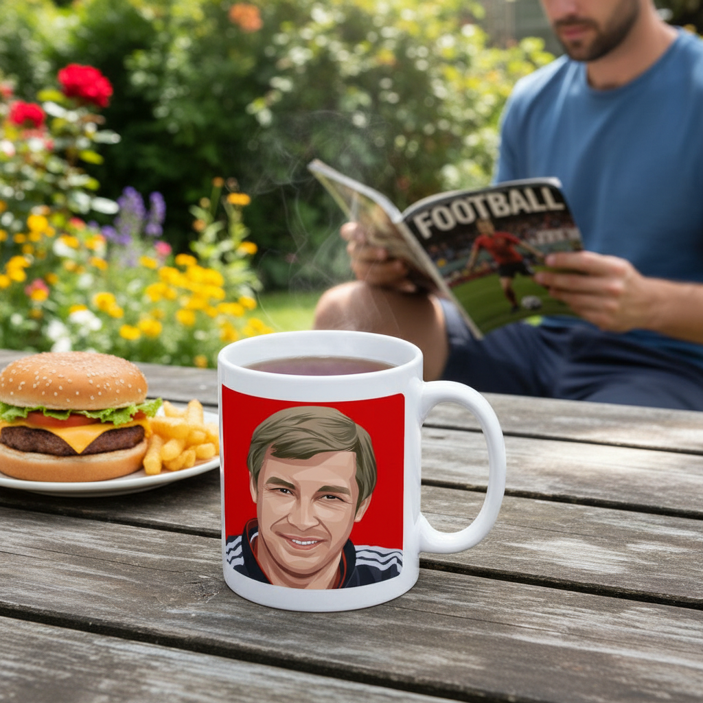 Retrotext Manchester United 2000 Premier League ceramic mug featuring a Sir Alex Ferguson illustration on a red background