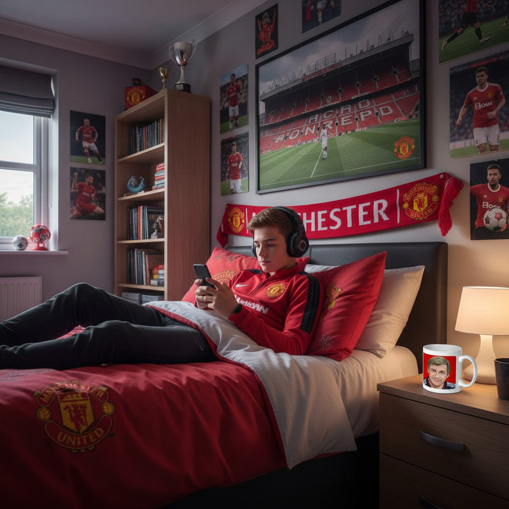 Retrotext ceramic mug featuring Sir Alex Ferguson on a desk in a Manchester United themed bedroom with a young fan.