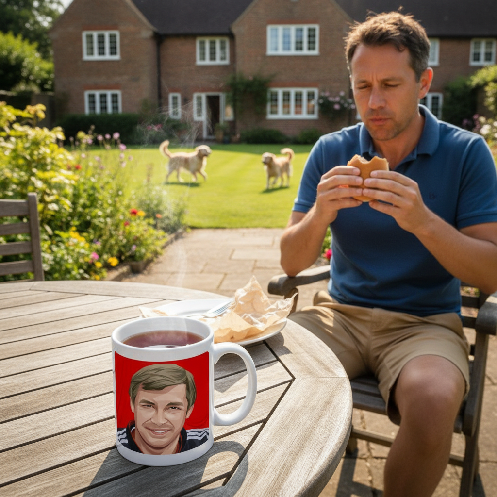 Retrotext Manchester United 1996 Premier League Champions mug featuring Alex Ferguson on a sunny garden patio table