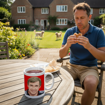 Retrotext Manchester United 1996 Premier League Champions mug featuring Alex Ferguson on a sunny garden patio table
