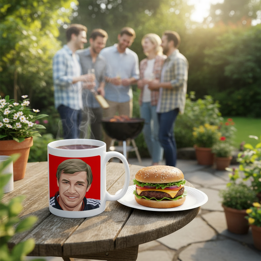 Retrotext Manchester United 1992 League Cup mug featuring Sir Alex Ferguson illustration on a garden table with a burger