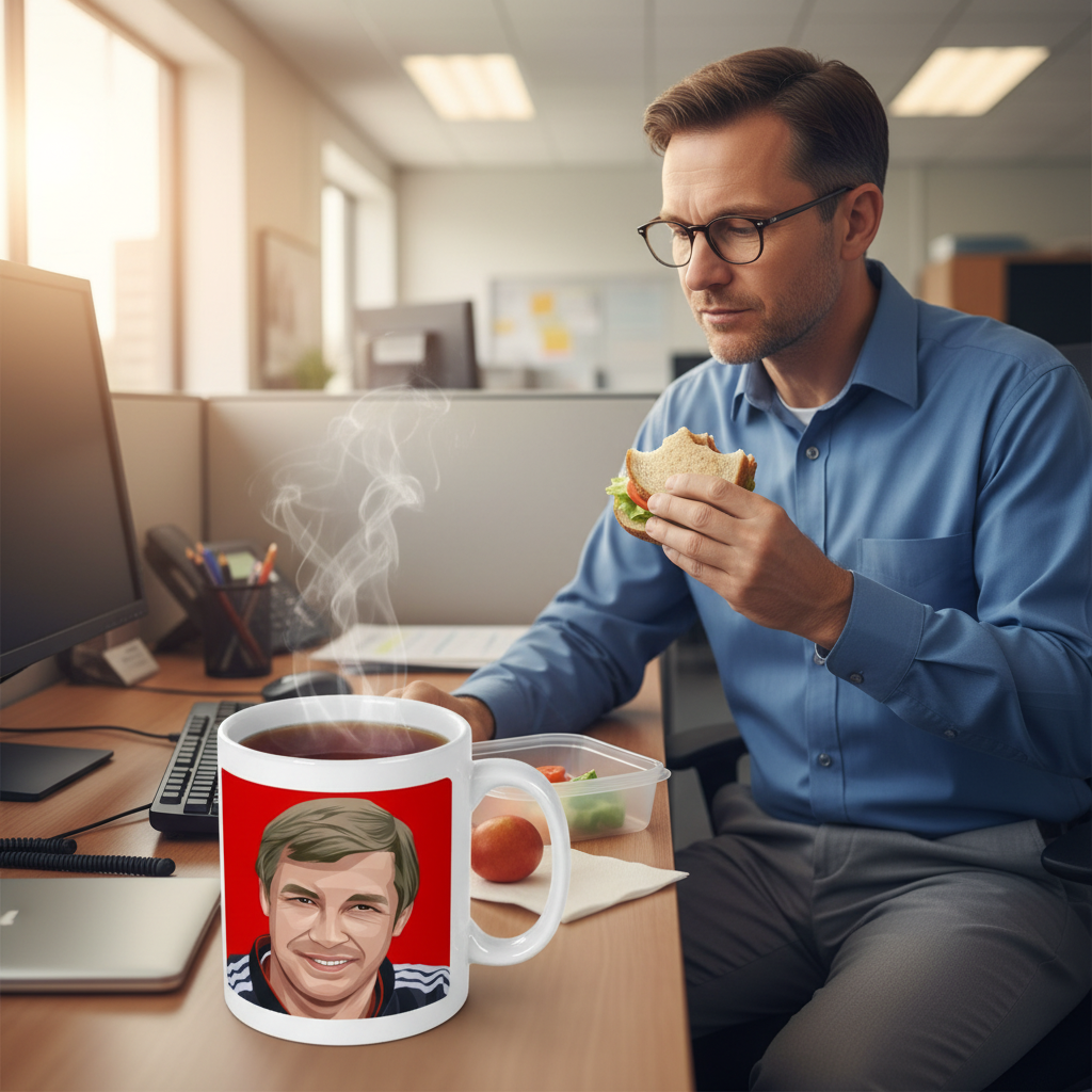 Retrotext Manchester United 2001 Alex Ferguson ceramic mug on an office desk with a man eating lunch in the background