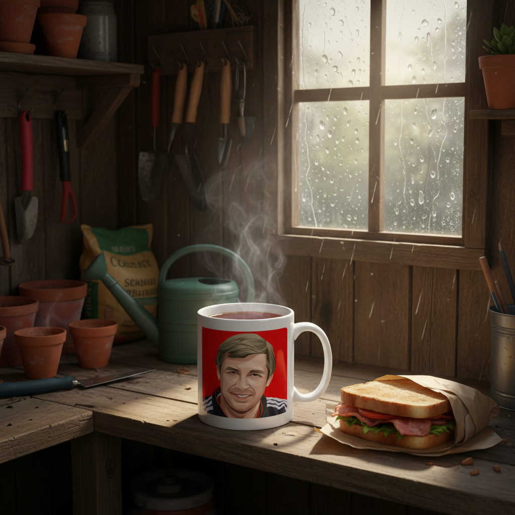 Retrotext Manchester United 1999 Champions League mug featuring Alex Ferguson on a desk in a rustic garden shed