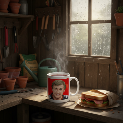 Retrotext Manchester United 1999 Champions League mug featuring Alex Ferguson on a desk in a rustic garden shed