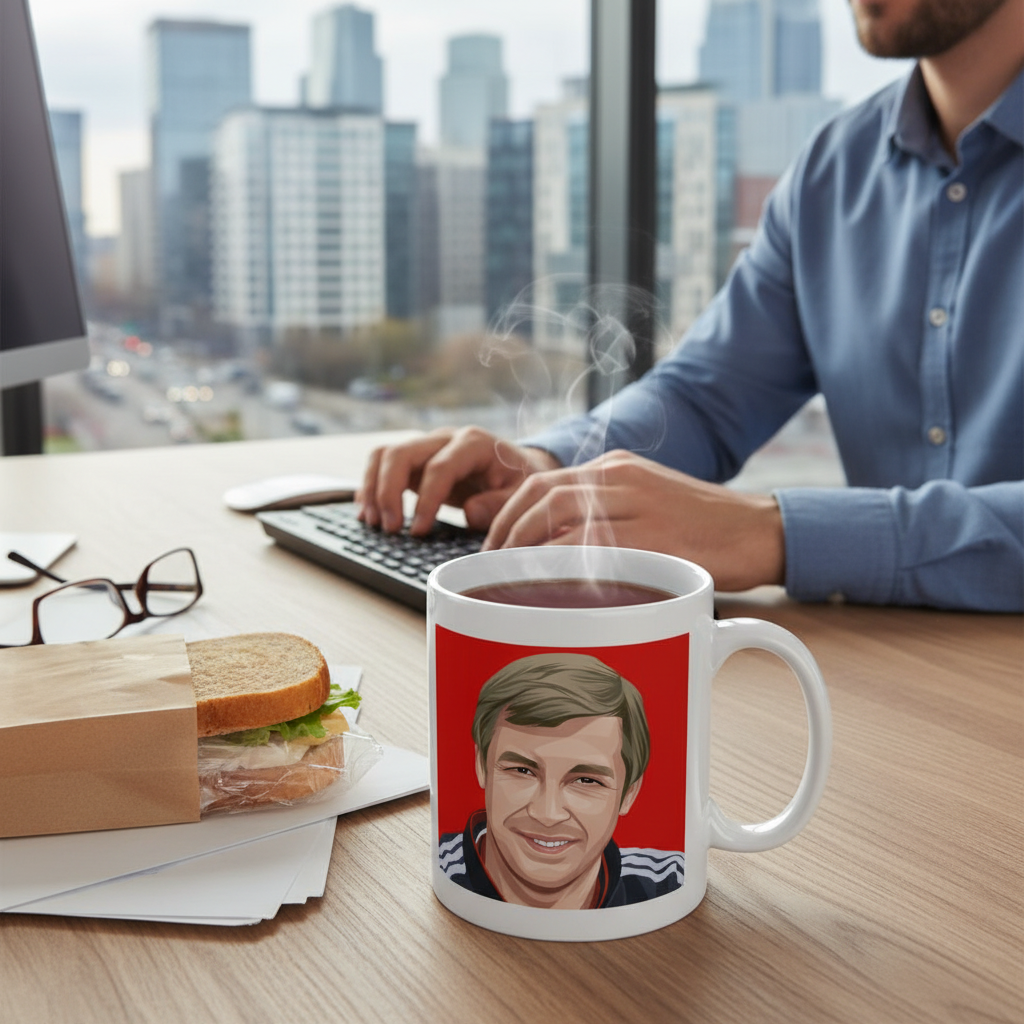 Retrotext Manchester United 1997 Sir Alex Ferguson ceramic mug with red graphic on a desk in an office setting
