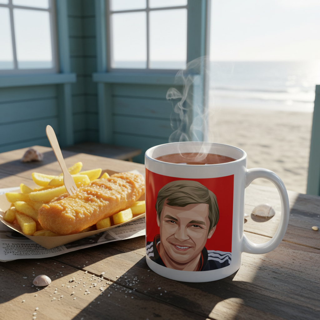 Retrotext Manchester United 1999 FA Cup ceramic mug featuring Sir Alex Ferguson, displayed with fish and chips.