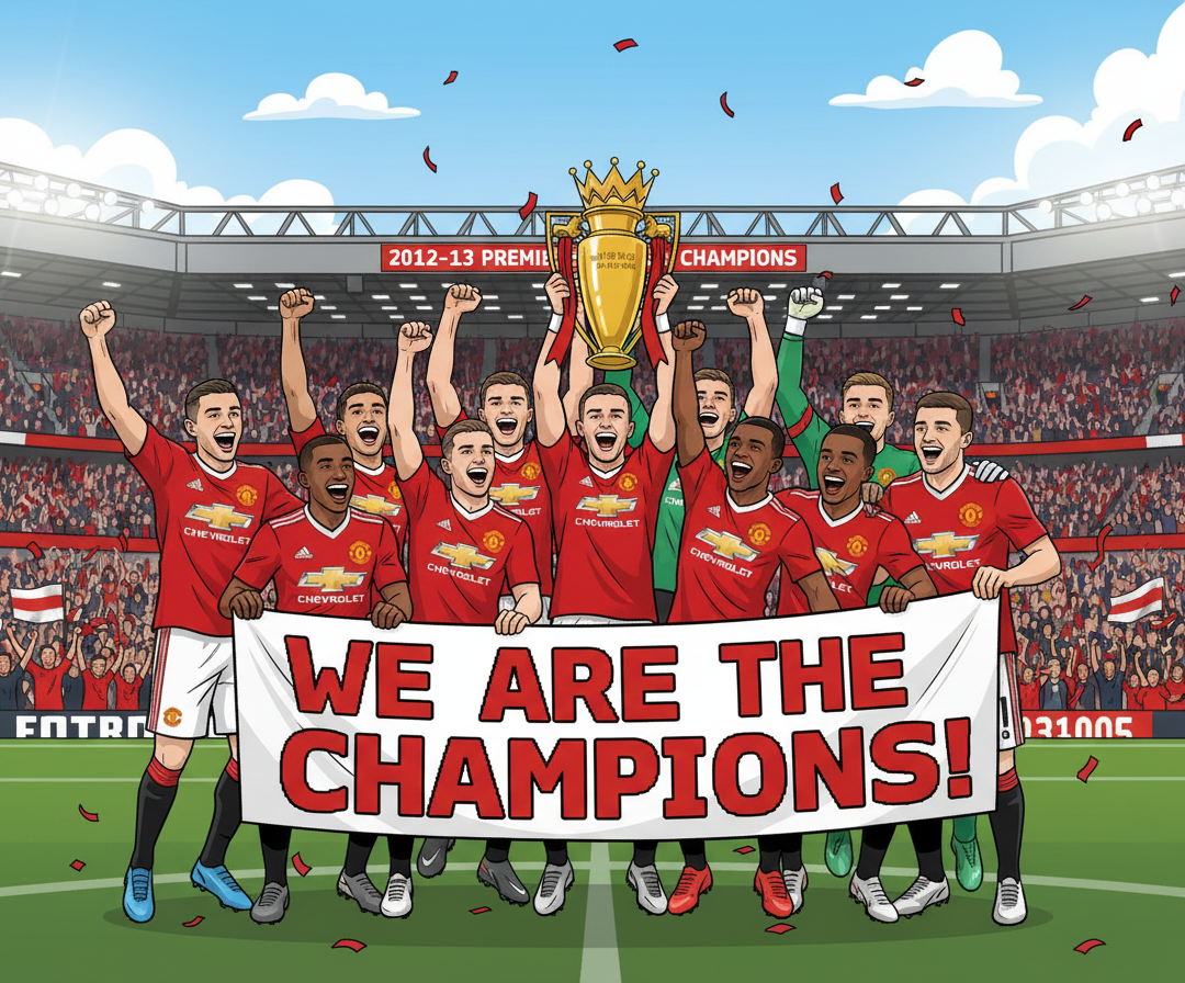 Retrotext Manchester United 2013 Premier League Champions mug featuring an illustrated team celebration scene