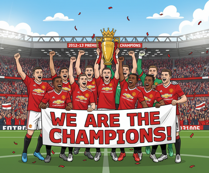 Retrotext Manchester United 2013 Premier League Champions mug featuring an illustrated team celebration scene