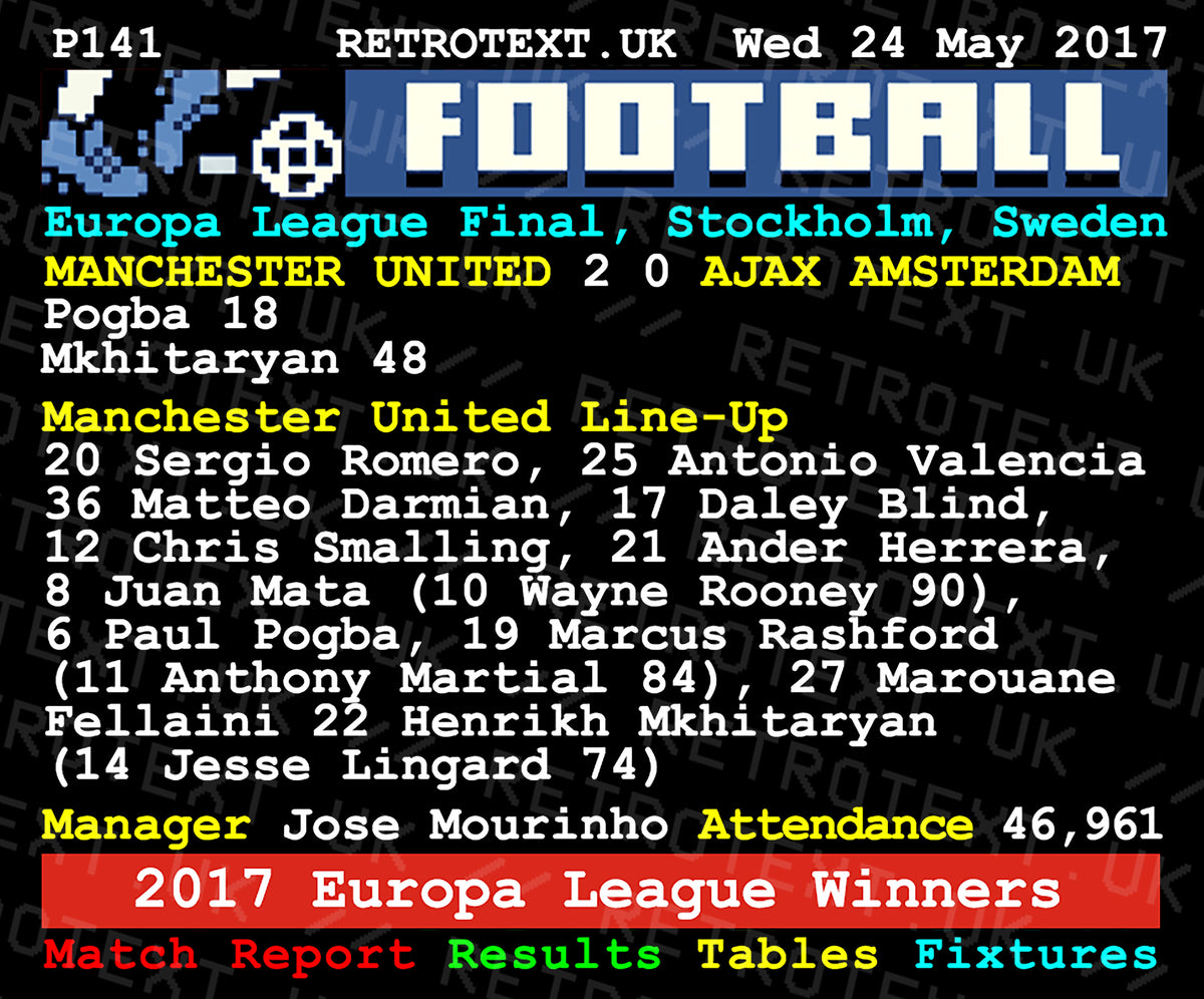 Retrotext Manchester United 2017 Europa League Winners ceramic mug featuring a vintage teletext match report design.