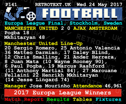 Retrotext Manchester United 2017 Europa League Winners ceramic mug featuring a vintage teletext match report design.