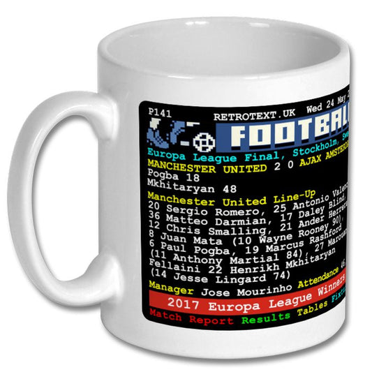Retrotext Manchester United 2017 Europa League winners ceramic mug with retro teletext match score and lineup design