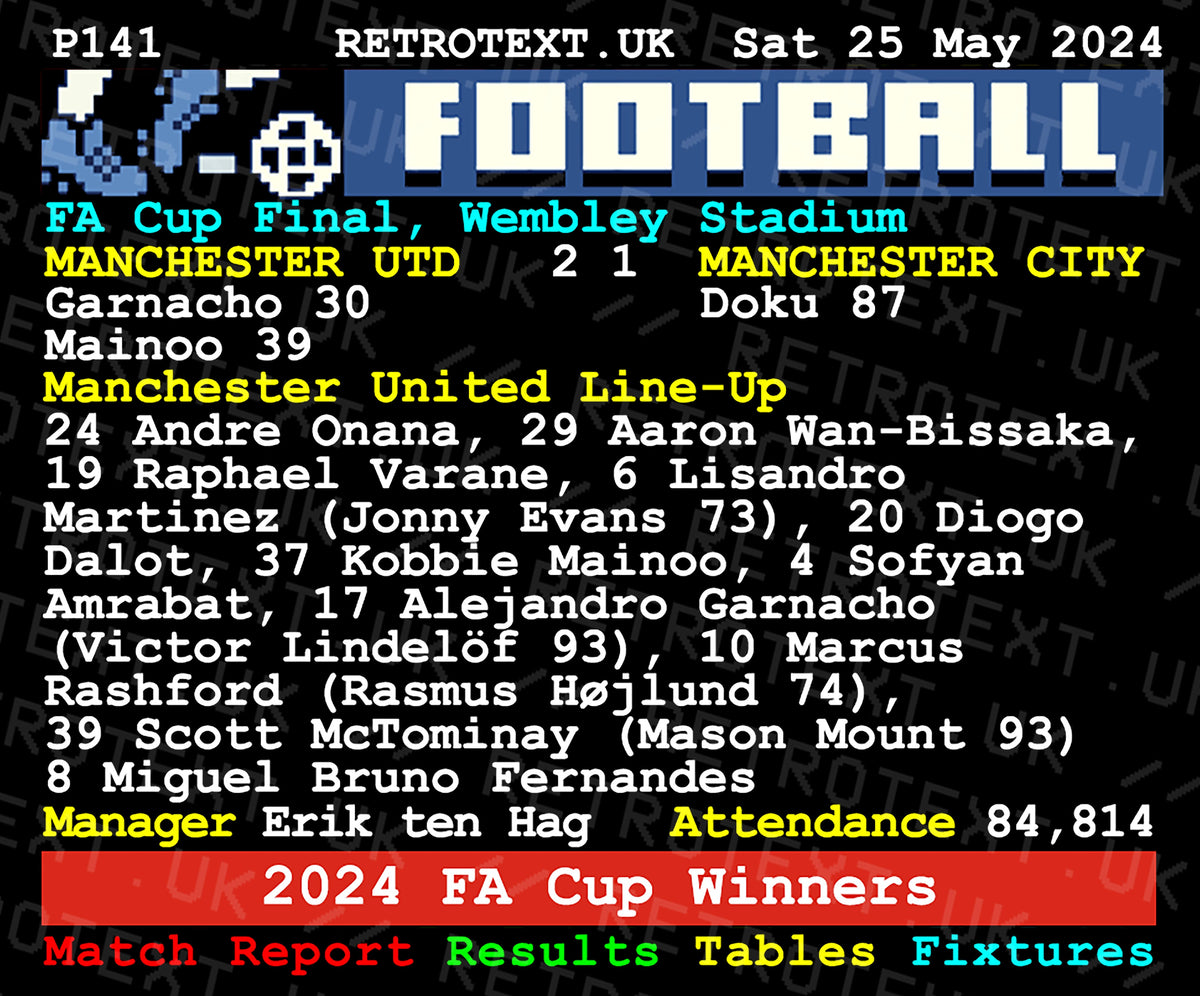 Retrotext Manchester United 2024 FA Cup Winners ceramic mug featuring retro teletext style match report graphics.
