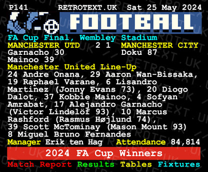 Retrotext Manchester United 2024 FA Cup Winners ceramic mug featuring retro teletext style match report graphics.