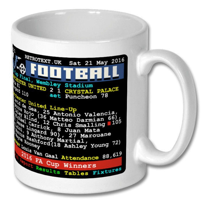 Retrotext Manchester United 2016 FA Cup Winners ceramic mug featuring a nostalgic retro teletext match report design.