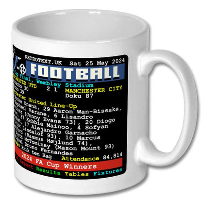 Retrotext Manchester United 2024 FA Cup winners ceramic mug featuring a retro teletext style match report graphic