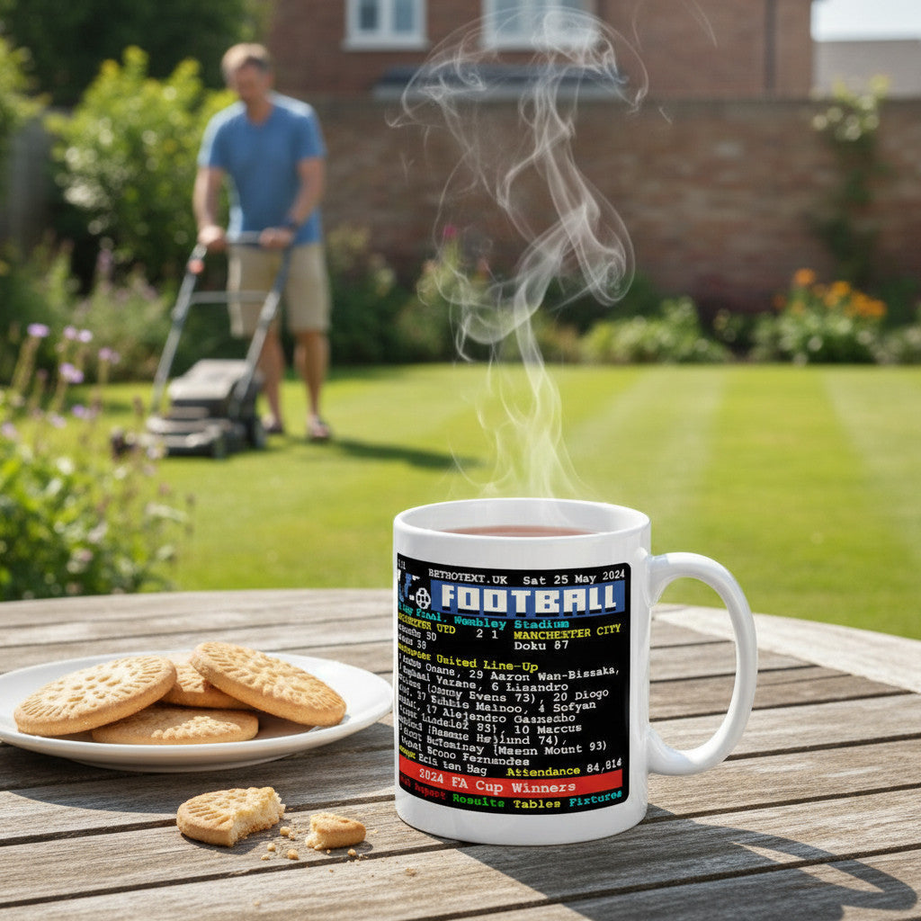 Retrotext Manchester United 2024 FA Cup Winners ceramic mug with teletext style match details on a garden table.