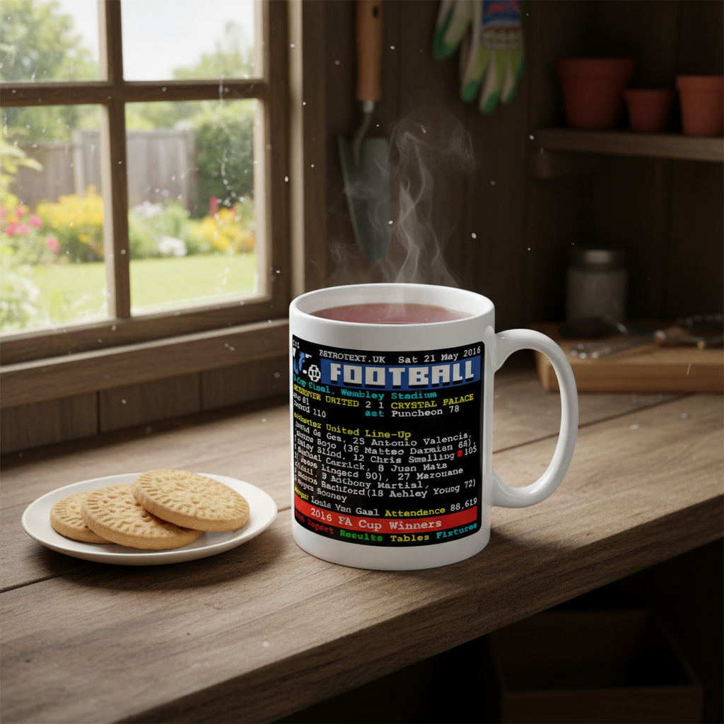 Retrotext Manchester United 2016 FA Cup Winners ceramic mug with retro teletext design on a wooden table with biscuits.